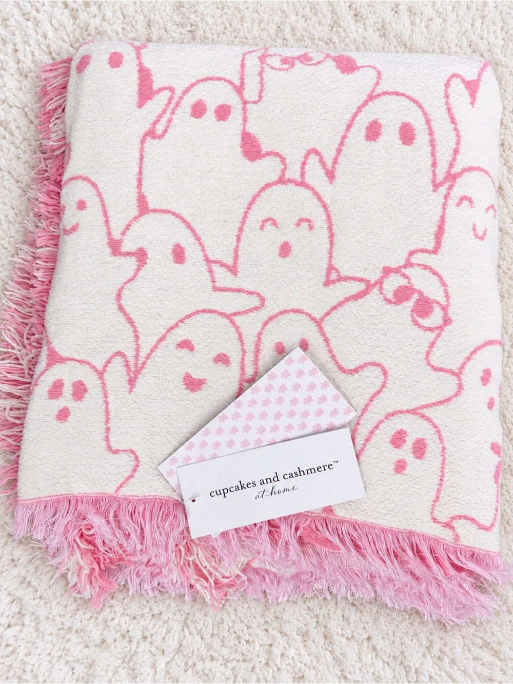 Cupcakes & Cashmere Where Is The Ghost Pink & White Chenille Throw 50x70 NWT